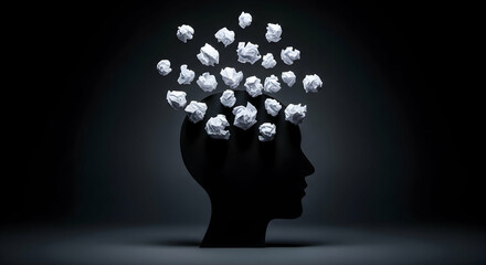 Silhouette of depressed person head. Concept image of depression and anxiety. Waste paper and head silhouette.