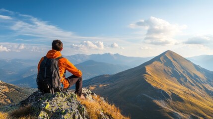 A hiker in an orange jacket sits on a mountain peak, overlooking a scenic landscape of mountains under a blue sky with clouds.