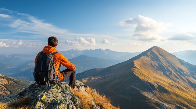 A hiker in an orange jacket sits on a mountain peak, overlooking a scenic landscape of mountains under a blue sky with clouds.
