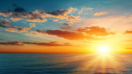 Fototapeta premium Majestic Sunrise Over Tranquil Ocean Waters with Stunning Cloudscape and Golden Light Reflection