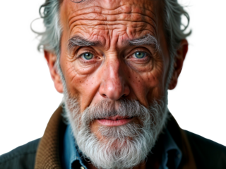 Close-up of an elderly man with a white beard and blue eyes, showing signs of wisdom and life experience. The man's face exhibits character and depth through its expressive and contemplative features