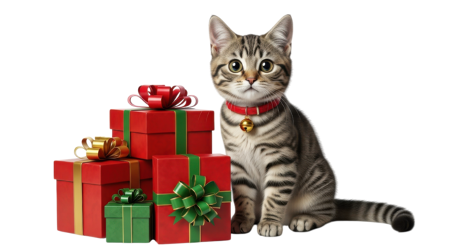 Cute tabby kitten sitting with stack of festive christmas presents isolated on transparent background