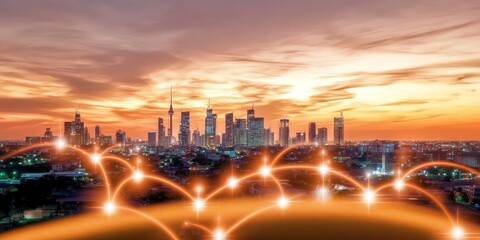 Twilight cityscape featuring vibrant internet networks and modern technological connectivity scenes.