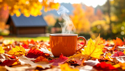 Warm Autumn Mug Amidst Colorful Leaves