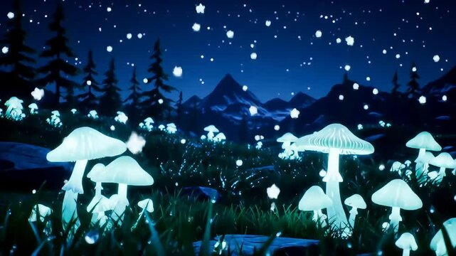 Mystical glow-in-the-dark mushrooms create a magical night forest scene under a starry sky, with distant mountains