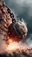 Obraz premium Wrecking Ball Impacting a Wall, Symbolizing Overcoming Obstacles and Embracing Change in Life