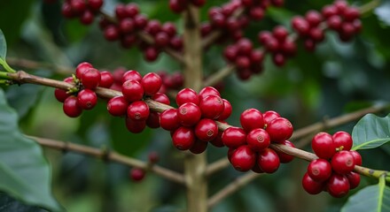 Fototapeta premium Bright red currant berries ripen on a leafy bush branch, perfect for a summer garden harvest