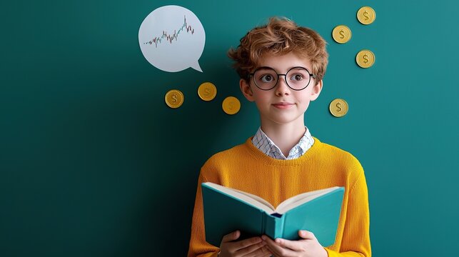 A curious child in glasses reads a book, surrounded by dollar symbols and a finance graph, suggesting learning about money or financial literacy. - Powered by Adobe