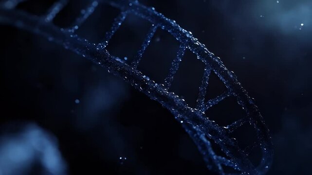 Water droplets form a DNA helix shape in dark blue tones
