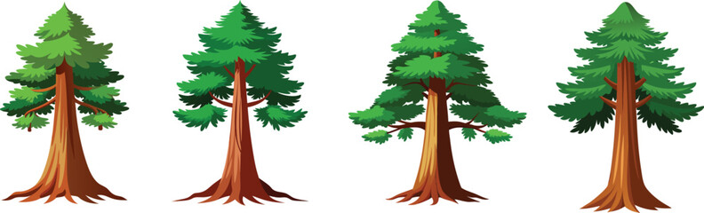 Four cartoon evergreen trees with green needles and brown trunks illustration