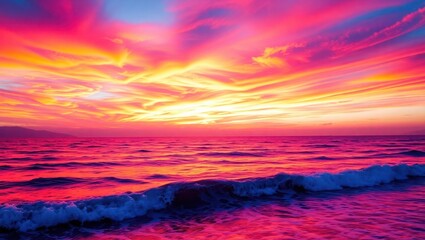Fototapeta premium Vivid sunset paints the ocean with vibrant hues, creating a breathtaking coastal scene.