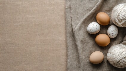 Flat lay of speckled and brown eggs nestled on a beige fabric with two balls of yarn, on a kraft paper background