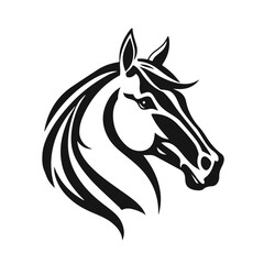 Horse logo template. Black and white silhouette of a horse head with a graceful mane. Elegant minimalist logo for branding, design and printing