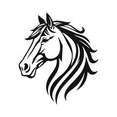 Horse logo template. Black and white silhouette of a horse head with a graceful mane. Elegant minimalist logo for branding, design and printing