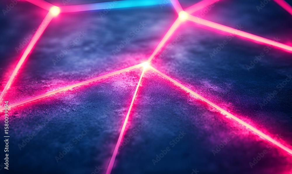 Poster abstract close-up of interconnected pink and blue glowing lines on a textured dark blue surface, cre