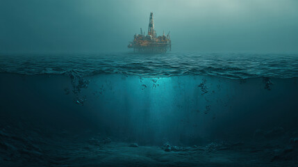 Fototapeta premium Oil Rig Platform in the water at dock in harbor, at sunrise with dramatic sky. 3d illustration. Fossil fuel energy concept. 