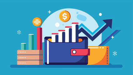 Obraz premium Illustration of financial growth with wallet, coins, bars, and an upward trending arrow design