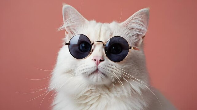White cat wearing sunglasses against a coral background