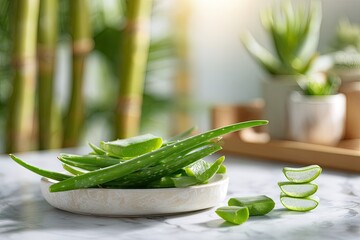 Fresh aloe vera leaves and pieces arranged on a light-colored dish, situated on a marble surface with blurred bamboo and potted succulents in the background, bathed in soft, natural light