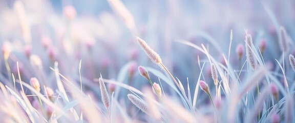 Close-up of soft, pastel blue and pink blooming grass, ethereal and dreamy , field, wallpaper