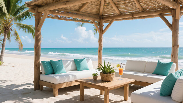 Tropical beach lounge with white outdoor sofas, wooden gazebo, teal cushions, potted plants, cocktail table, palm trees, turquoise sea, blue sky, 4k ultra-realistic sunny vacation scene