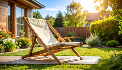 Wooden Deck Chair on Sunny Backyard Lawn