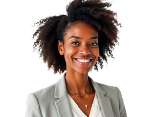 Confident and professional woman with natural curly hair and a charming smile, wearing a grey suit against a white background, portraying positivity, intelligence, and success
