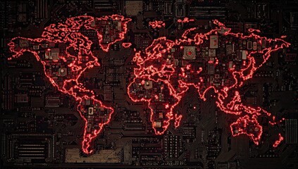 Glowing red world map etched onto a complex circuit board background, suggesting global connectivity and technology