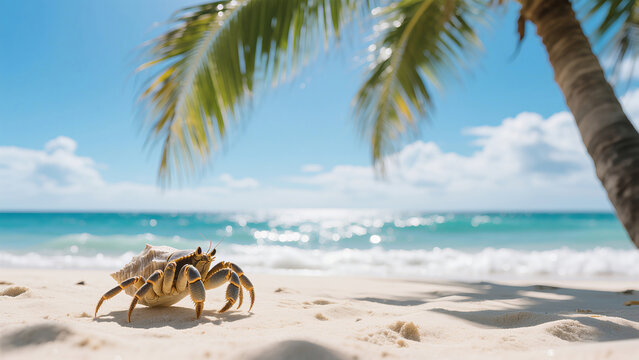 Tropical beach scene with hermit crab crawling on soft white sand, clear blue sky, palm trees, turquoise sea, vivid summer colors, peaceful nature, realistic photography, 4k image, calm holiday mood