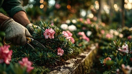 Gardener trims pink azaleas