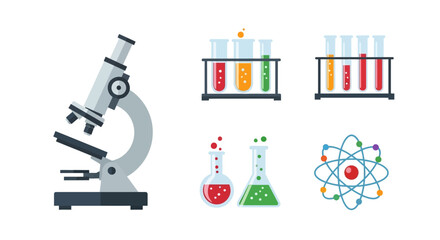Naklejka premium Colorful Science Lab Equipment and Atom Model