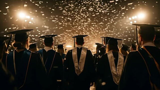 Graduates Walking Forward During Celebration With Confetti Falling Slow Motion