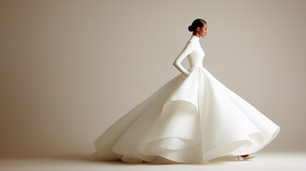 Elegant bride in luxurious white wedding gown with flowing train in bridal salon. Beautiful woman modeling designer dress for wedding ceremony. Fashion portrait studio photography.