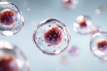 Microscopic view of translucent cells,  filled with smaller, darker organelles, floating in a light-blue fluid.  Detailed rendering shows cell membranes and internal structures