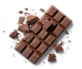 Milk chocolate bar, broken into pieces, scattered on a white background, showcasing its rich, dark brown color and glossy texture