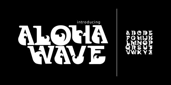 Font Aloha Wave. Hawaiian freaky tiki font with a lot of ligatures and multilingual characters. Elegant Hand Drawn . Rough texture. Creative Groovy text Uppercase. Symbol surfing beach
