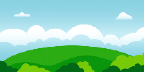Fototapeta premium Cute summer landscape in pixel art style. Green flat scenery with cloud sky, meadow and flowers.