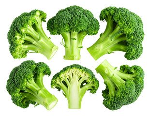  Top View of Broccoli Crown Cut in Half Showing Inner Stalks, Transparent Background