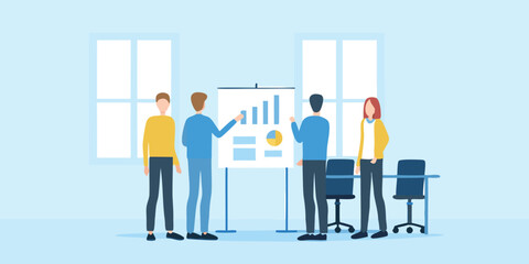 Group of people attending a business presentation with charts in a bright office setting showing windows