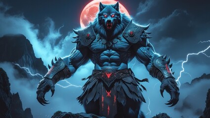 Fototapeta premium Powerful fantasy creature with glowing eyes and armor.