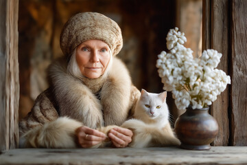 Woman wearing luxurious fur outerwear looks at camera with serene expression. White cat rests beside her in cozy wooden nook. Rustic background creates intimate atmosphere