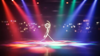 Animated stick figure dancing under colorful stage lights with a blurred city backdrop - Powered by Adobe
