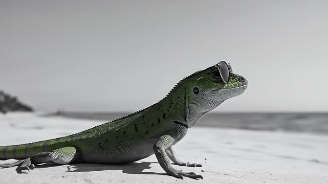 Green Lizard with Black Sunglasses on a White Sand Beach with Black and White Palm Trees with Subtle Movement and Black and White Background