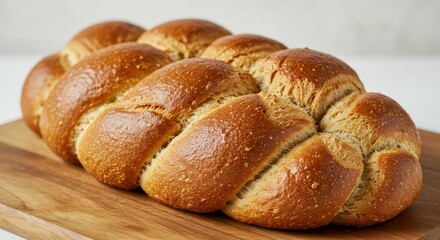 Freshly Baked Golden Brown Braided Bread on Wooden Cutting Board, Perfect for Holiday Gatherings and Celebrations