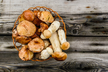 Wicker basket with freshly picked porcini and oiler mushrooms on a rustic wooden table. Top view