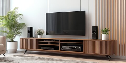 Stylish modern living room interior featuring TV, cabinet, speakers, and elegant decorations.