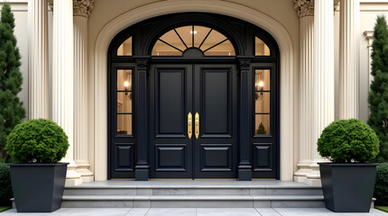 Black paneled double doors flanked by tall columns and topiary bushes with gold handles under arched window