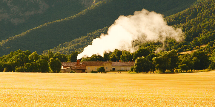 Rural landscape featuring a golden wheat field, a building with smoke rising, and lush green mountains in the background.