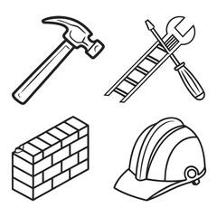 Construction tools and materials including a hammer ladder wrench screwdriver bricks and hard hat
