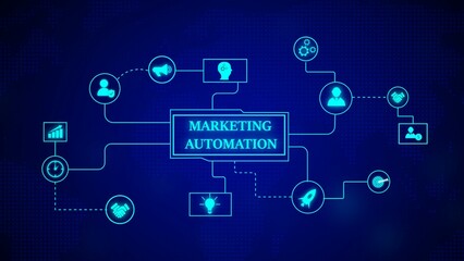Conceptual illustration of marketing automation depicted through interconnected icons on a dark blue background representing the strategy and system.
